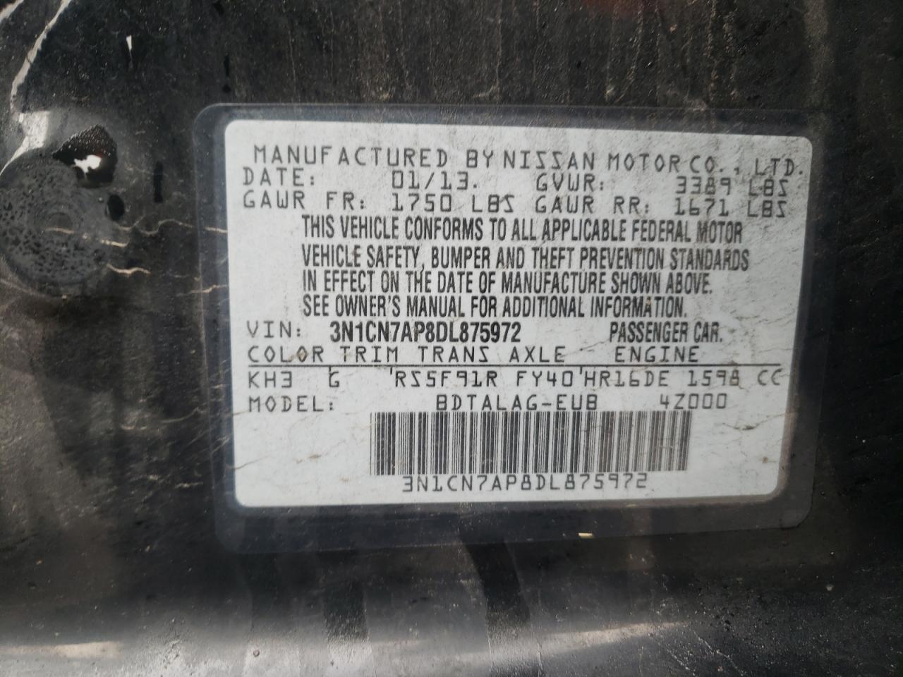 Photo 10 from auction – 2013 NISSAN VERSA S with VIN 3N1CN7AP8DL875972