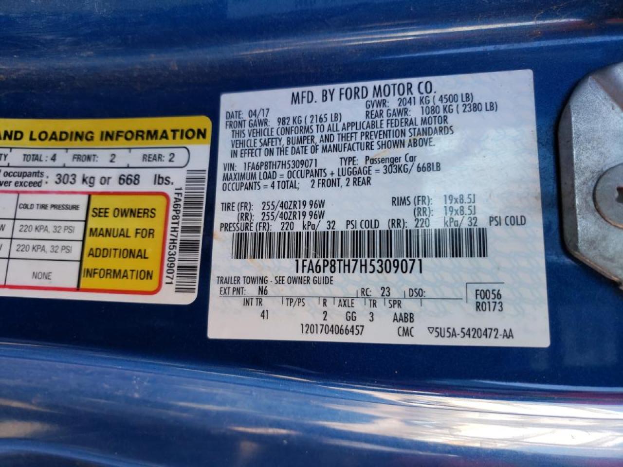 Photo 10 from auction – 2017 FORD MUSTANG with VIN 1FA6P8TH7H5309071
