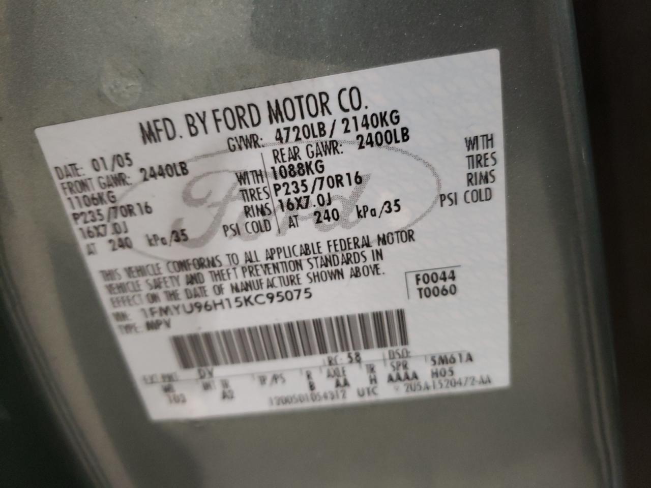 Photo 10 from auction – 2005 FORD ESCAPE with VIN 1FMYU96H15KC95075