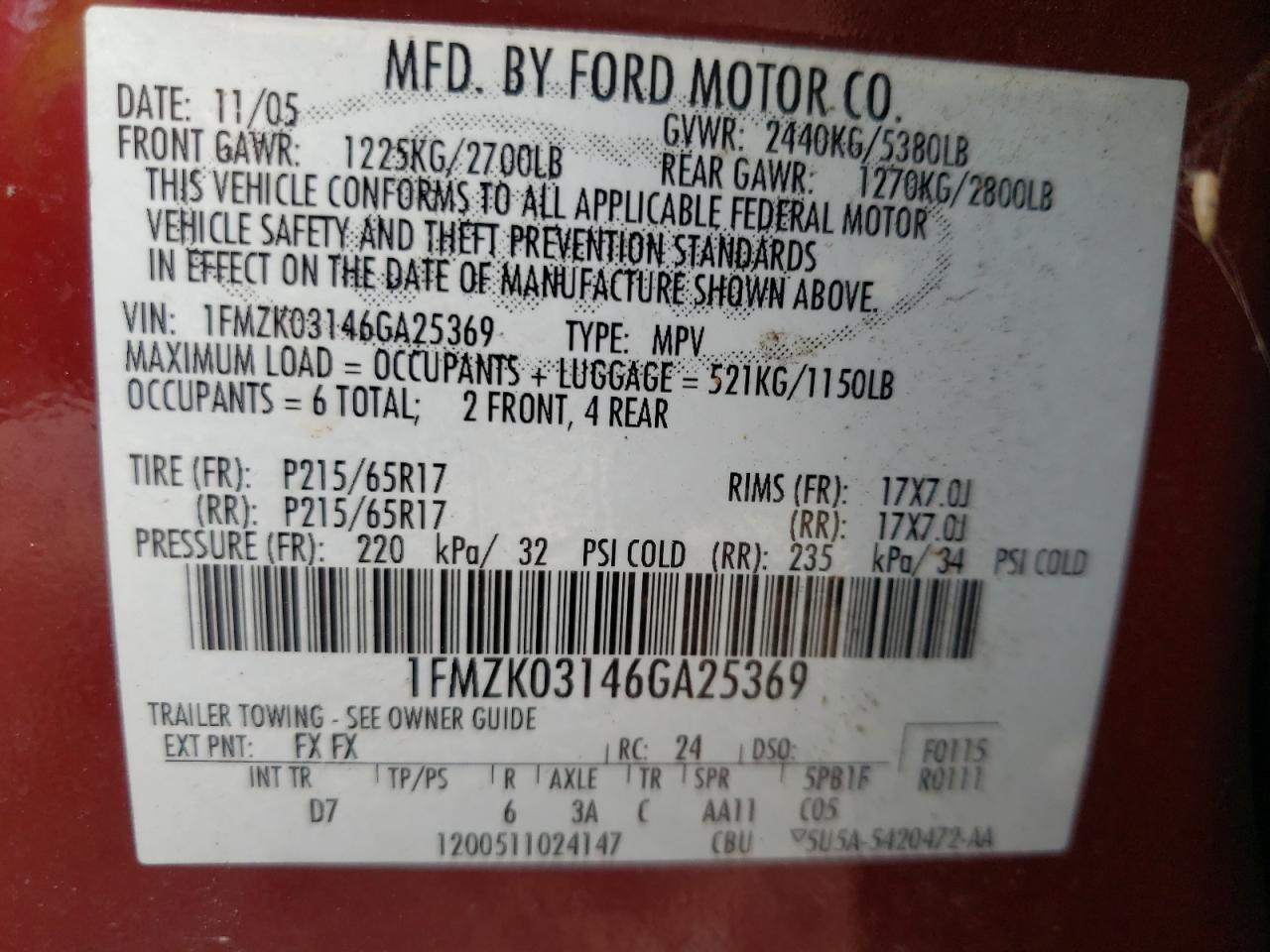 Photo 10 from auction – 2006 FORD FREESTYLE with VIN 1FMZK03146GA25369