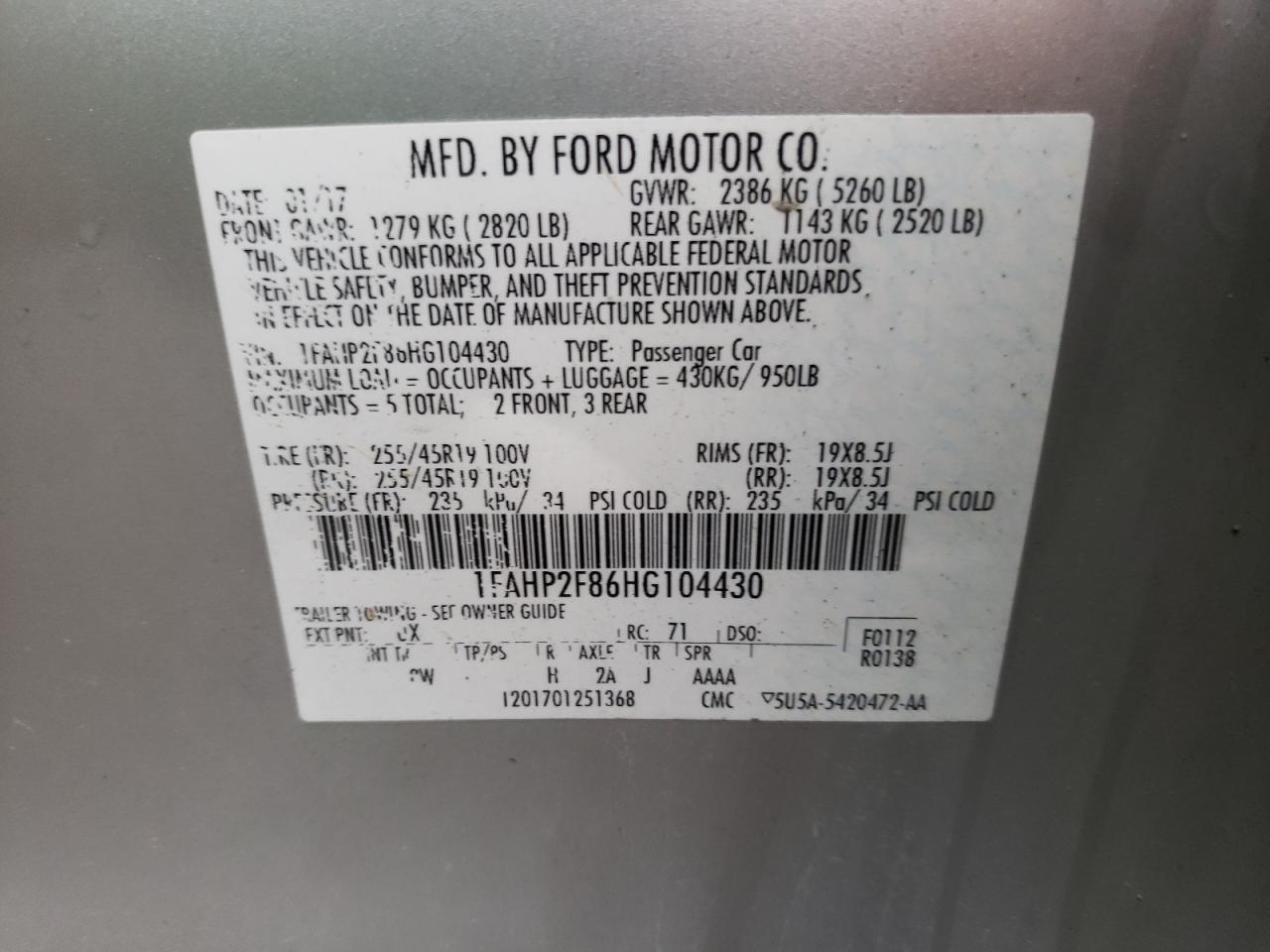 Photo 10 from auction – 2017 FORD TAURUS LIM with VIN 1FAHP2F86HG104430