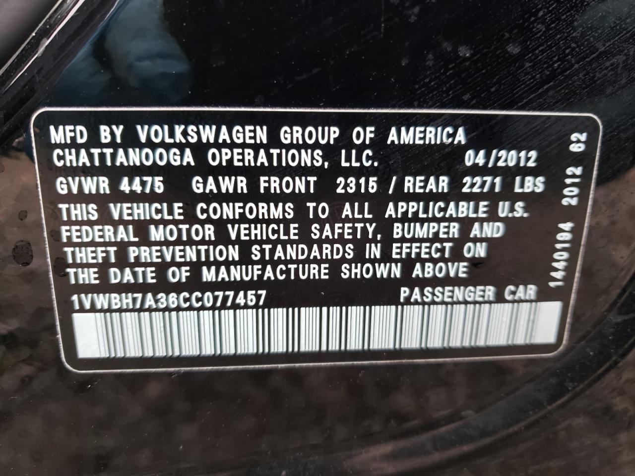 Photo 10 from auction – 2012 VOLKSWAGEN PASSAT SE with VIN 1VWBH7A36CC077457