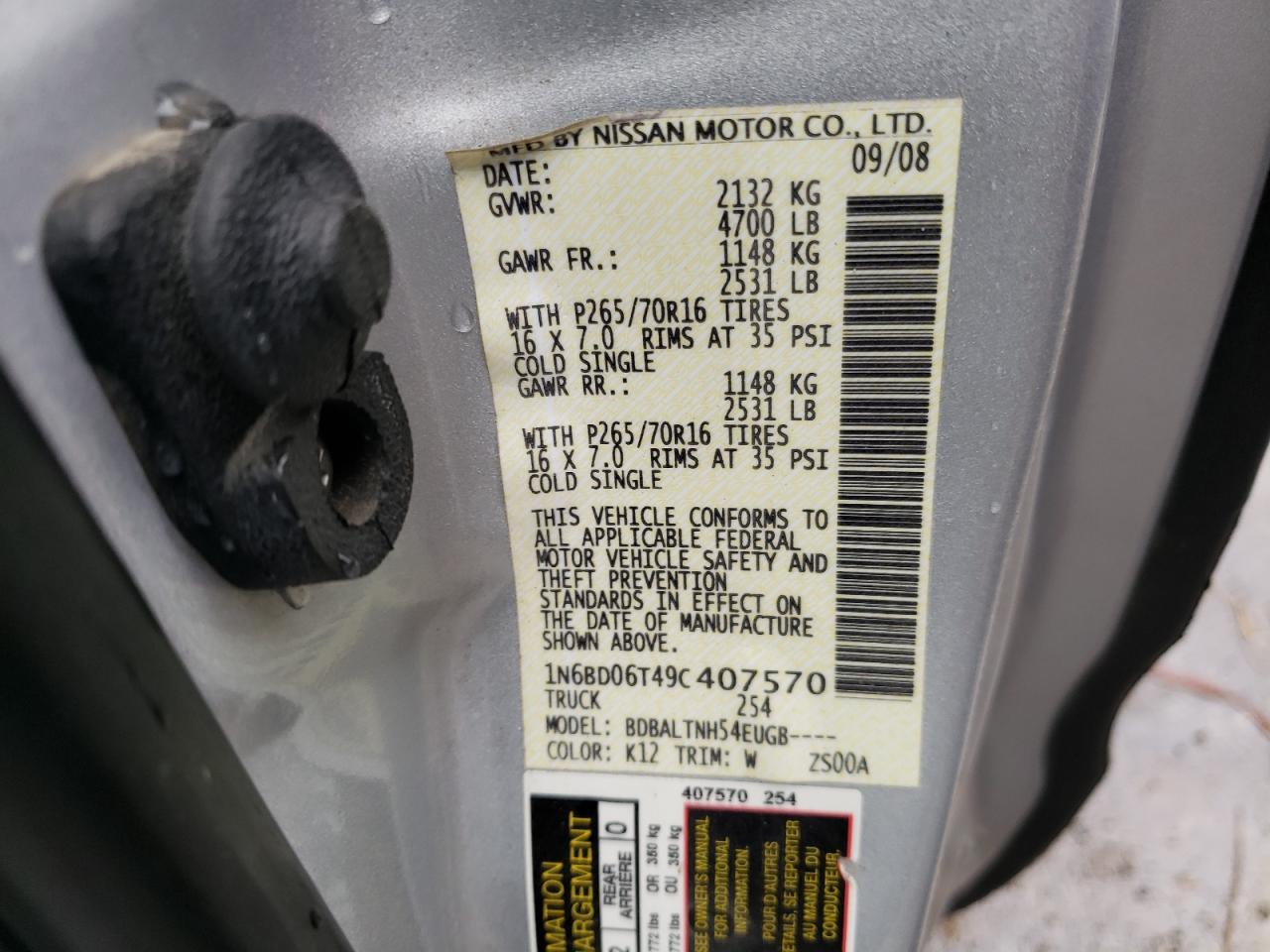 Photo 10 from auction – 2009 NISSAN FRONTIER K with VIN 1N6BD06T49C407570