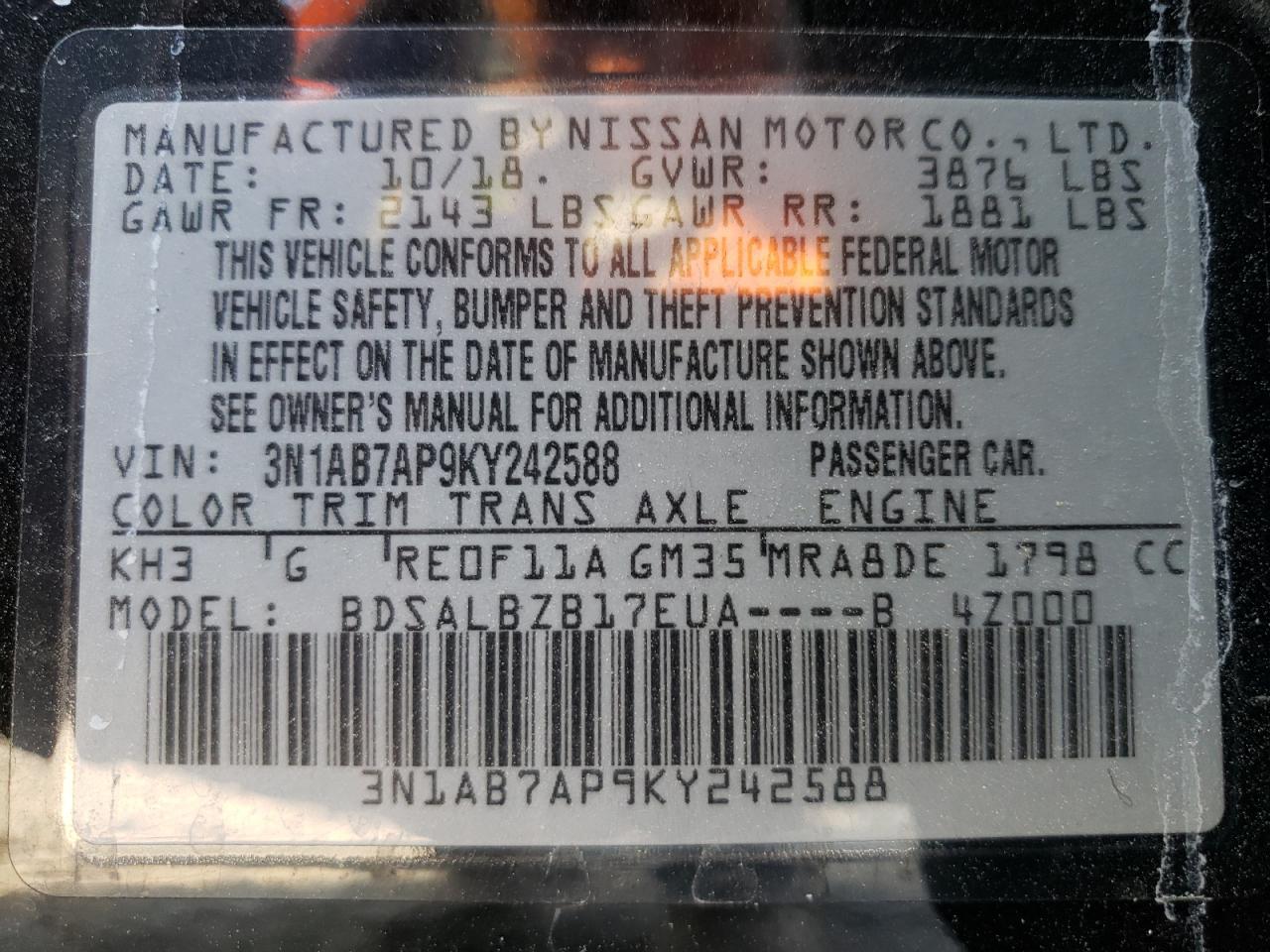 Photo 10 from auction – 2019 NISSAN SENTRA S with VIN 3N1AB7AP9KY242588