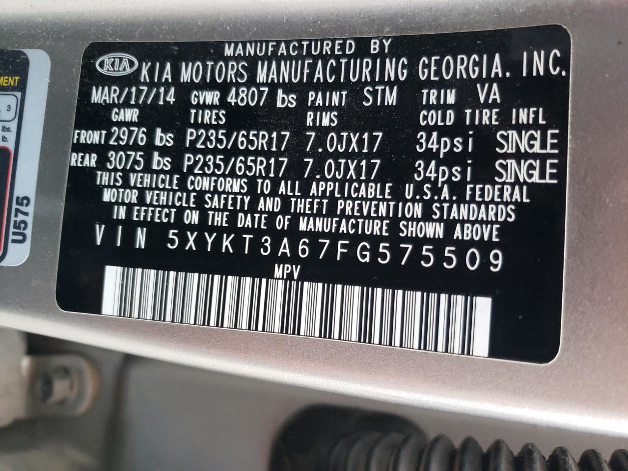 Photo 10 from auction – 2015 KIA SORENTO LX with VIN 5XYKT3A67FG575509