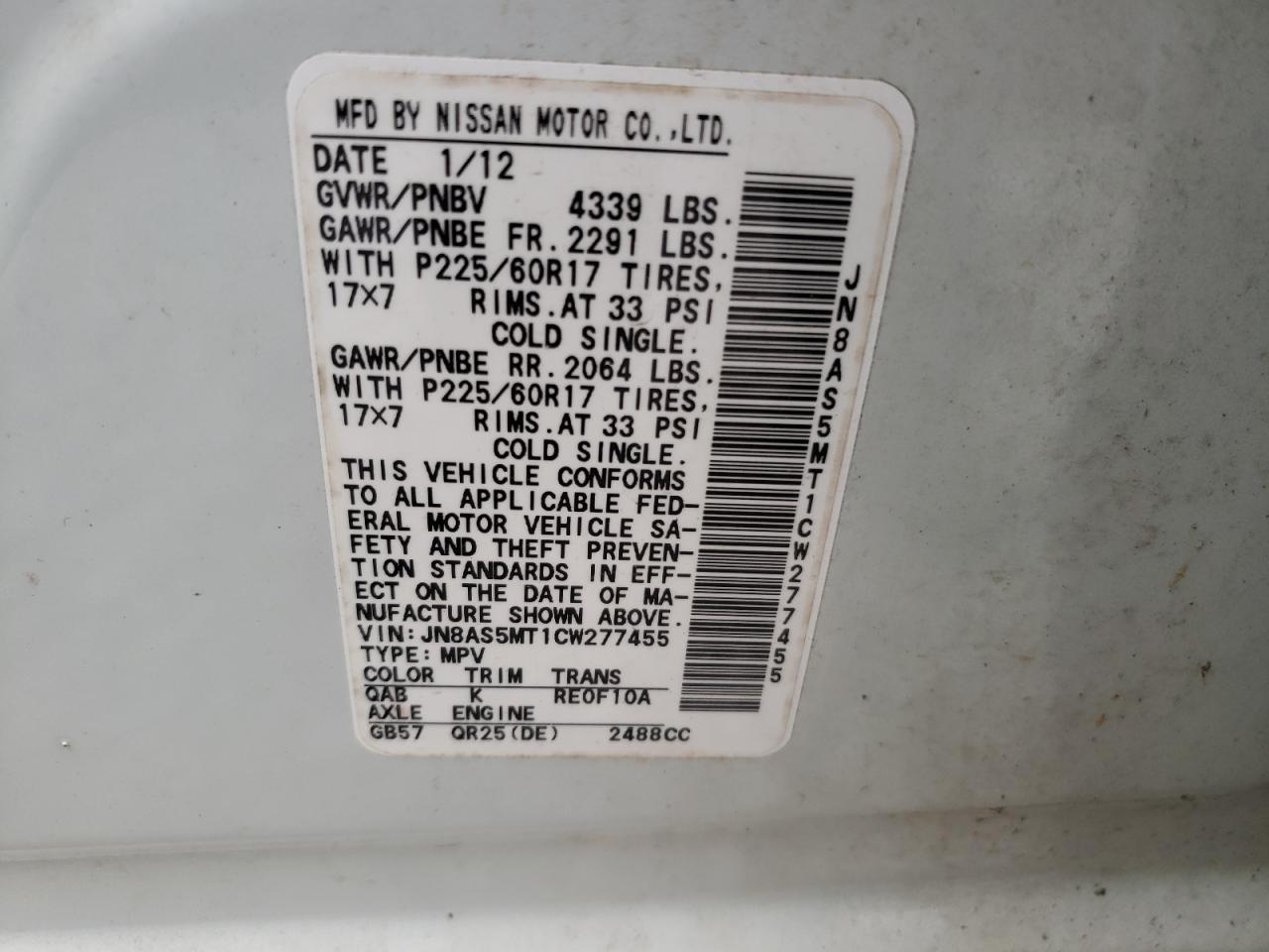Photo 10 from auction – 2012 NISSAN ROGUE S with VIN JN8AS5MT1CW277455