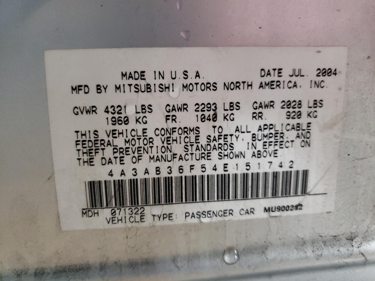 Photo 10 from auction – 2004 MITSUBISHI GALANT ES with VIN 4A3AB36F54E151742