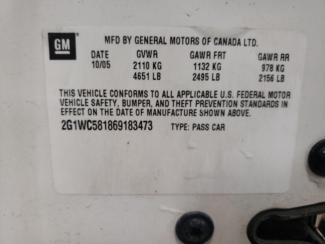Photo 10 from auction – 2006 CHEVROLET IMPALA LT with VIN 2G1WC581869183473