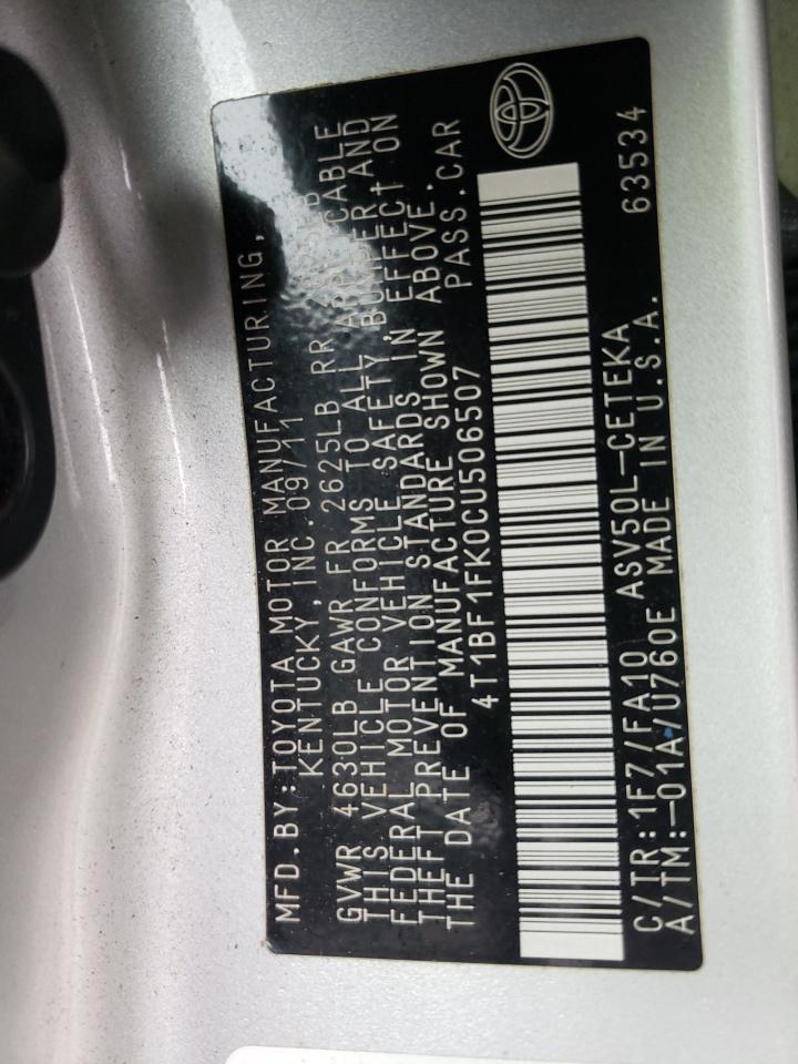 Photo 10 from auction – 2012 TOYOTA CAMRY BASE with VIN 4T1BF1FK0CU506507