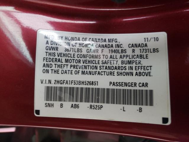 Photo 10 from auction – 2011 HONDA CIVIC LX with VIN 2HGFA1F53BH526851