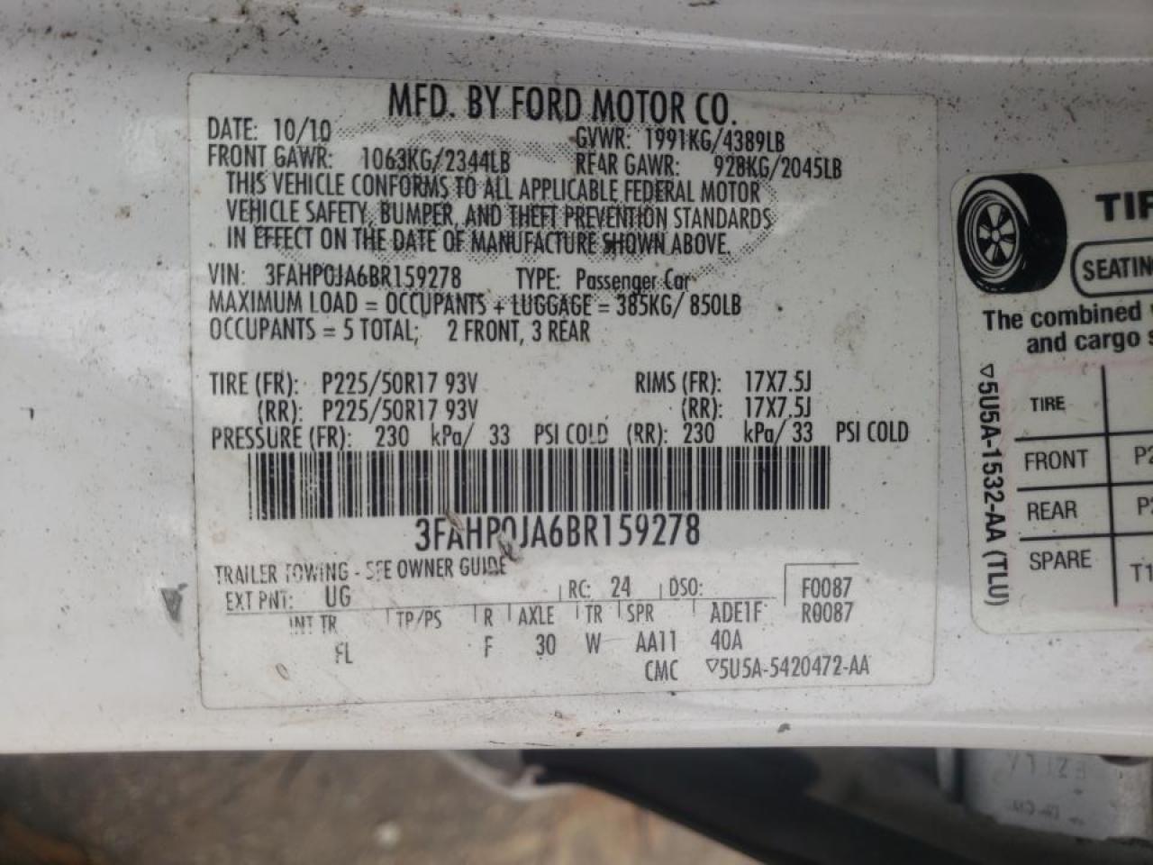 Photo 10 from auction – 2011 FORD FUSION SEL with VIN 3FAHP0JA6BR159278