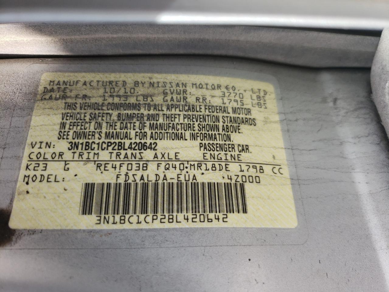 Photo 10 from auction – 2011 NISSAN VERSA S with VIN 3N1BC1CP2BL420642