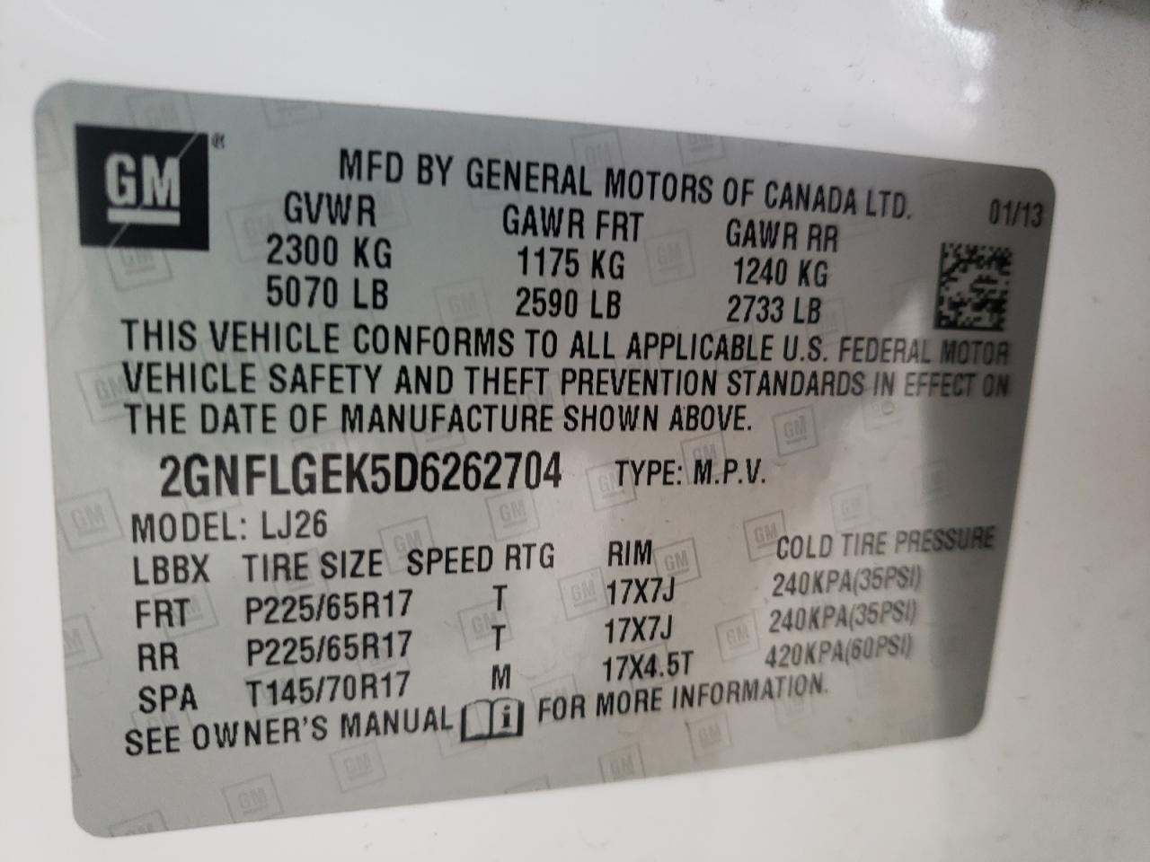 Photo 10 from auction – 2013 CHEVROLET EQUINOX LT with VIN 2GNFLGEK5D6262704