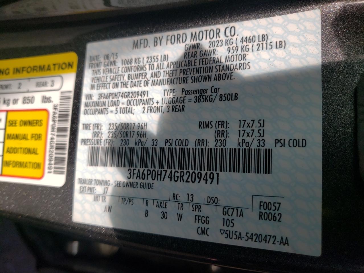 Photo 10 from auction – 2016 FORD FUSION SE with VIN 3FA6P0H74GR209491