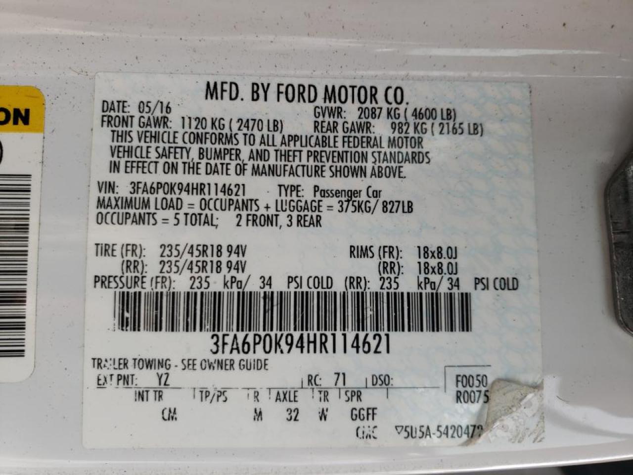 Photo 10 from auction – 2017 FORD FUSION TIT with VIN 3FA6P0K94HR114621