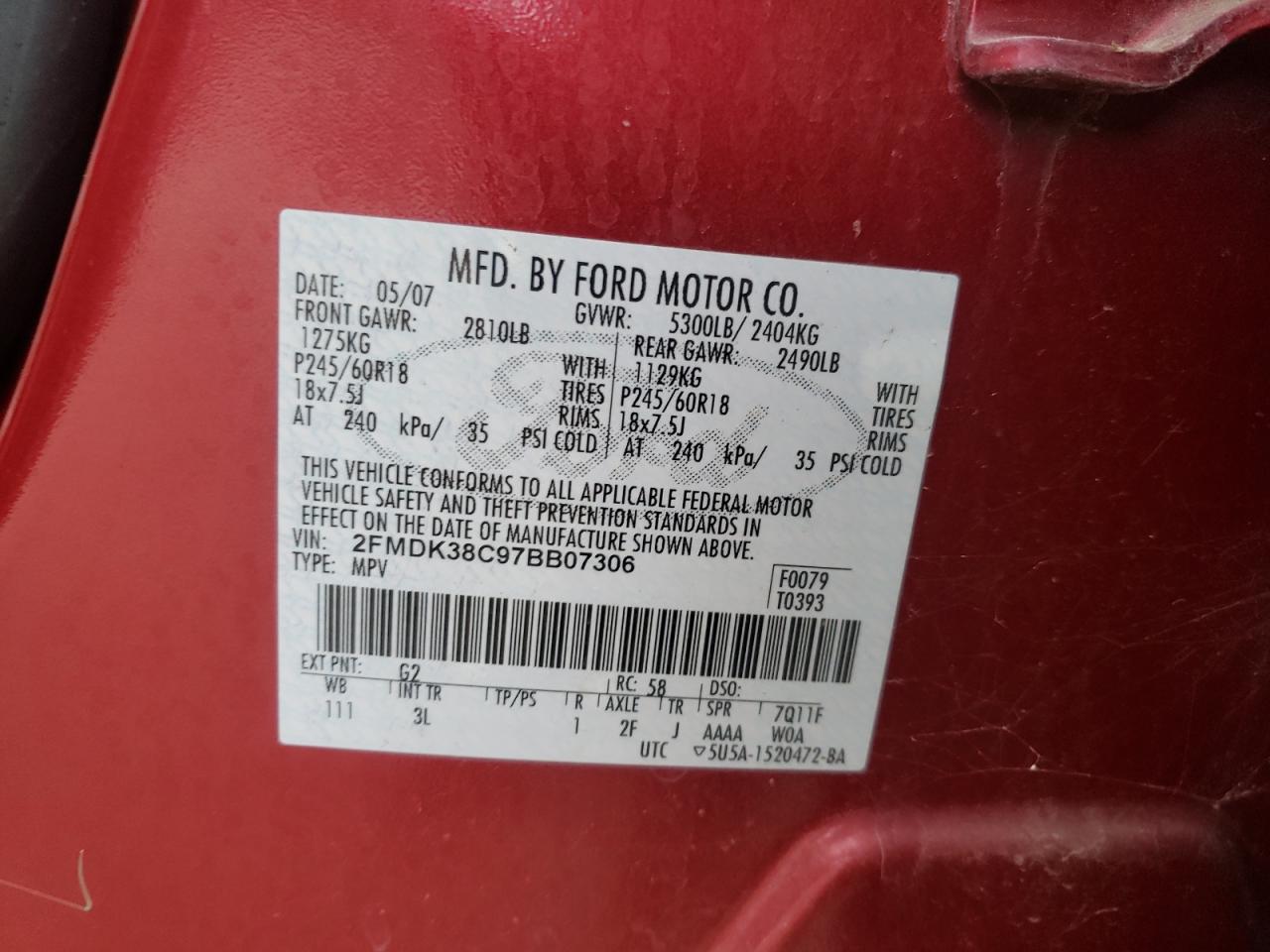 Photo 10 from auction – 2007 FORD EDGE SEL with VIN 2FMDK38C97BB07306