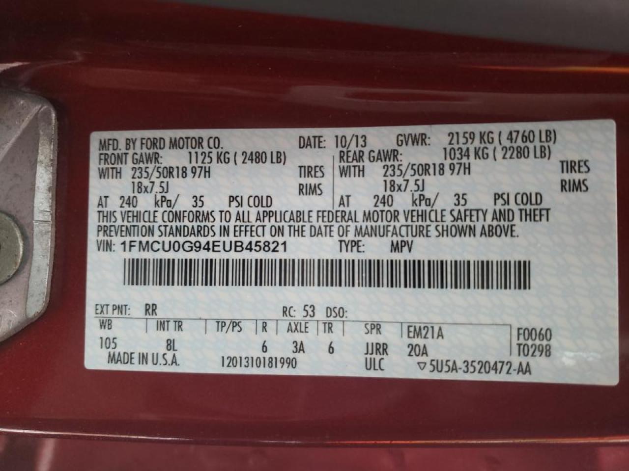 Photo 10 from auction – 2014 FORD ESCAPE SE with VIN 1FMCU0G94EUB45821