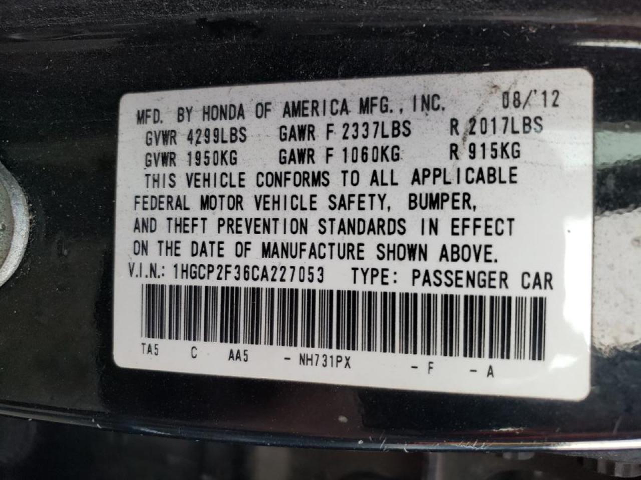 Photo 10 from auction – 2012 HONDA ACCORD LX with VIN 1HGCP2F36CA227053