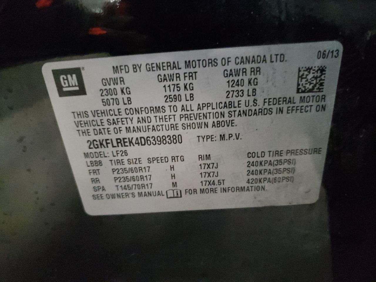 Photo 10 from auction – 2013 GMC TERRAIN SL with VIN 2GKFLREK4D6398380