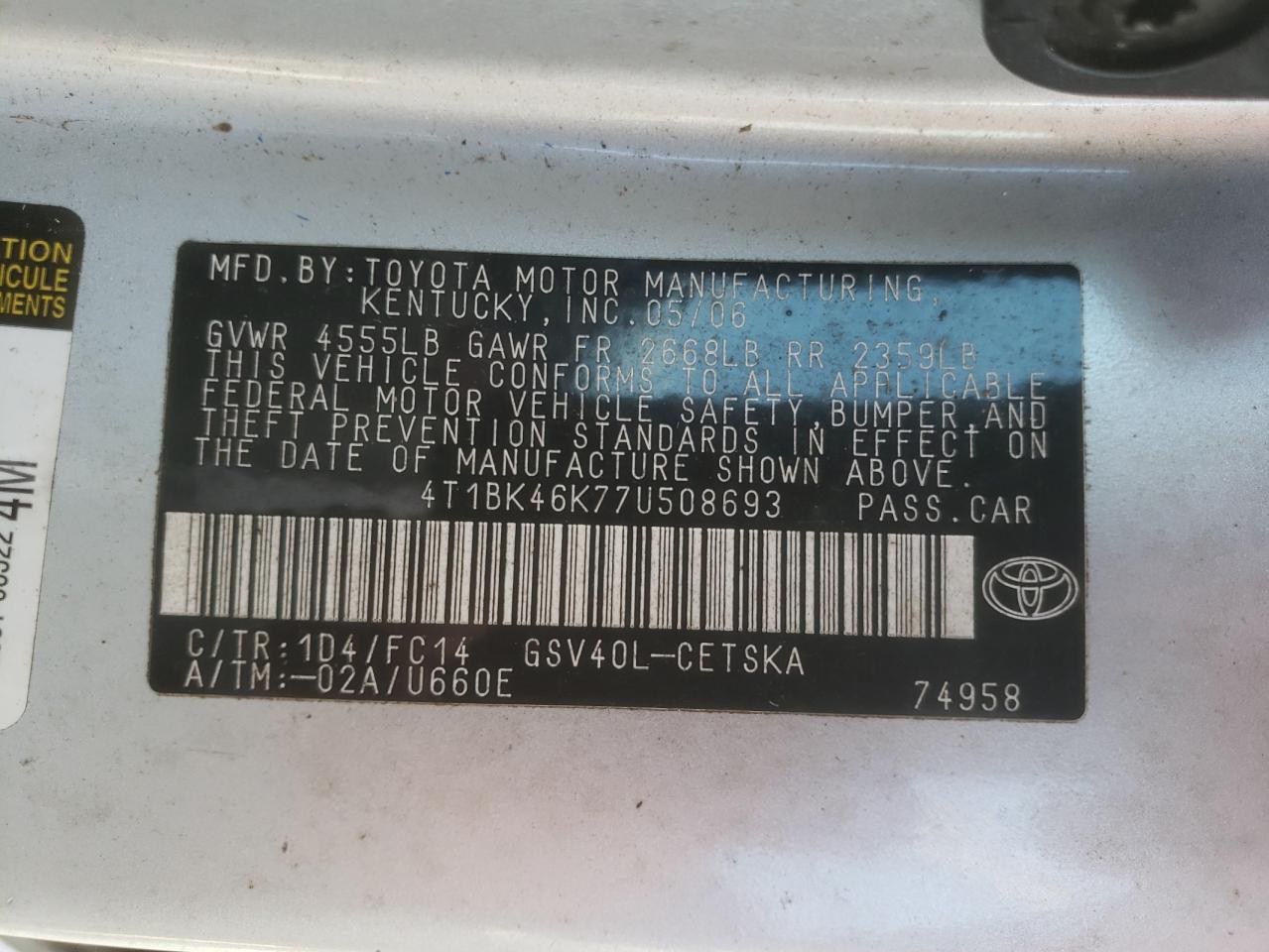 Photo 10 from auction – 2007 TOYOTA CAMRY LE with VIN 4T1BK46K77U508693