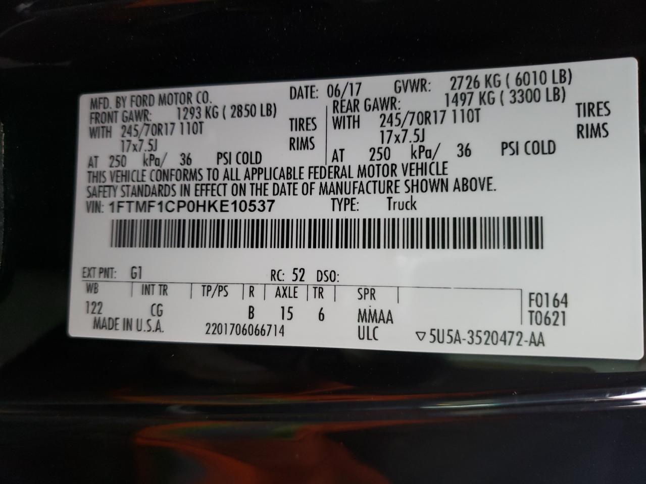 Photo 10 from auction – 2017 FORD F150 with VIN 1FTMF1CP0HKE10537
