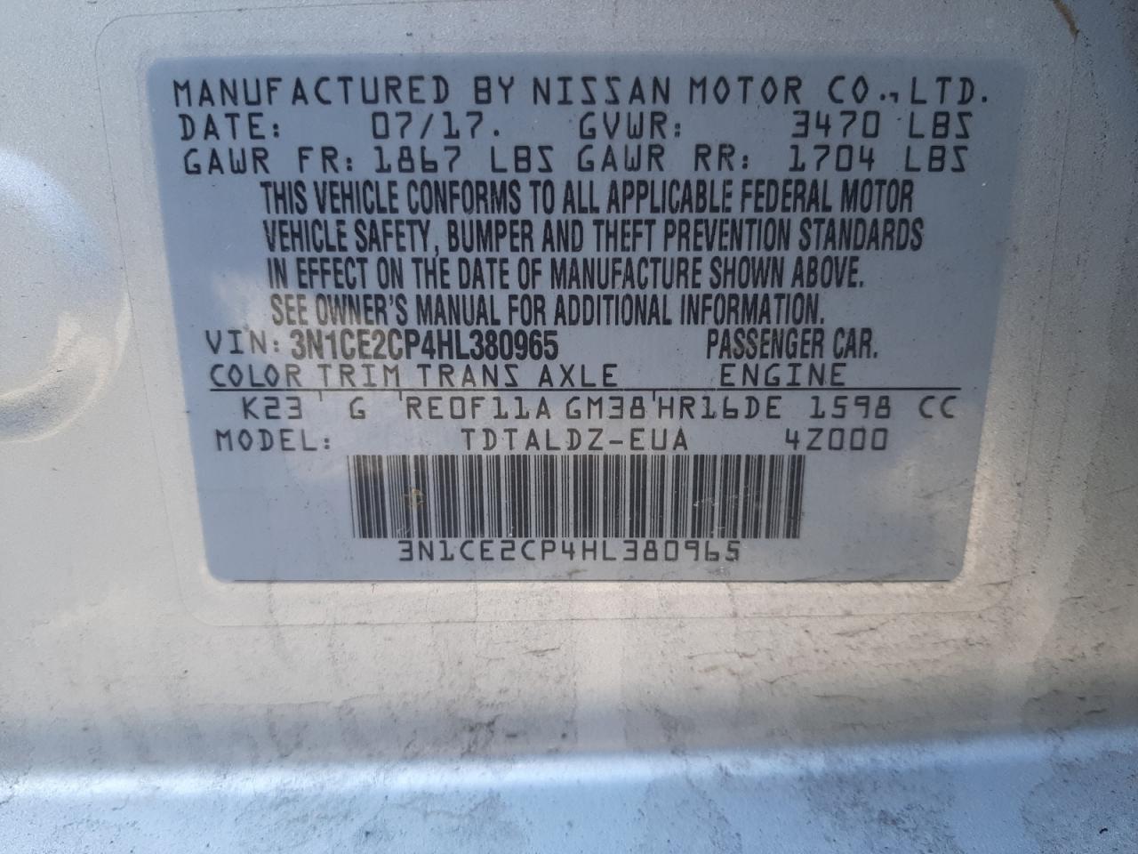 Photo 10 from auction – 2017 NISSAN VERSA NOTE with VIN 3N1CE2CP4HL380965