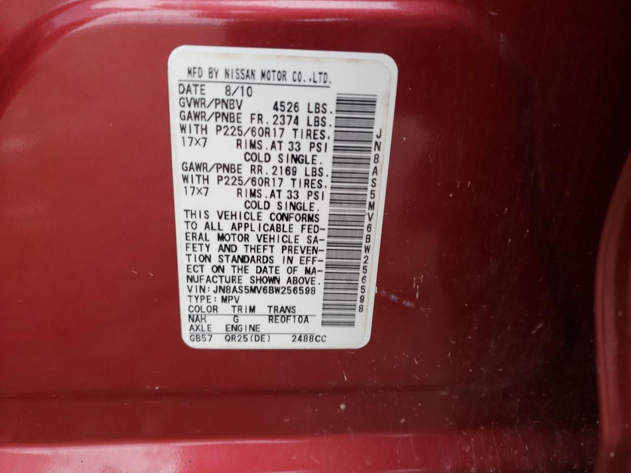 Photo 10 from auction – 2011 NISSAN ROGUE S with VIN JN8AS5MV6BW256598