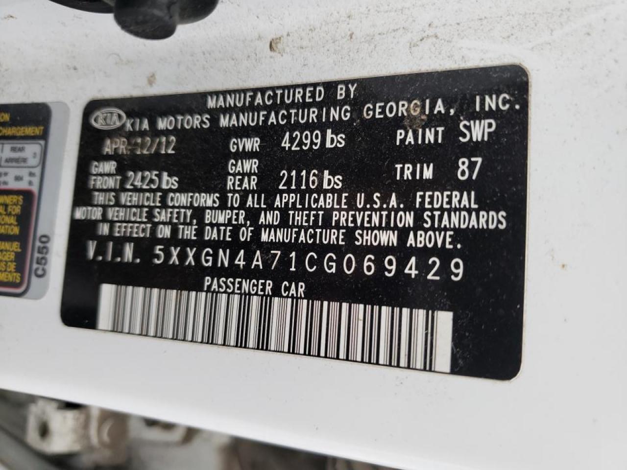 Photo 10 from auction – 2012 KIA OPTIMA EX with VIN 5XXGN4A71CG069429