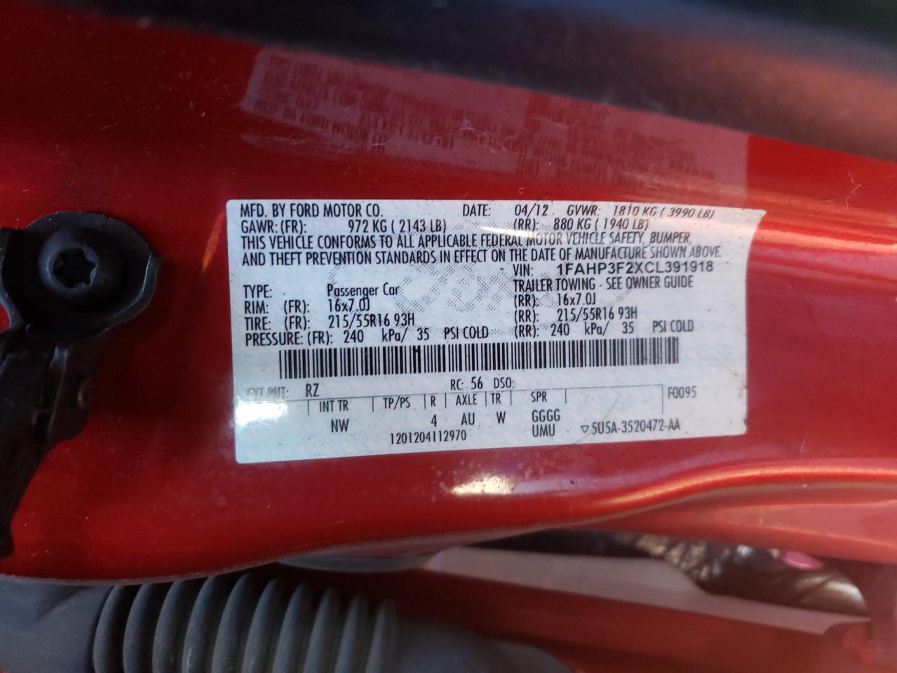 Photo 10 from auction – 2012 FORD FOCUS SE with VIN 1FAHP3F2XCL391918