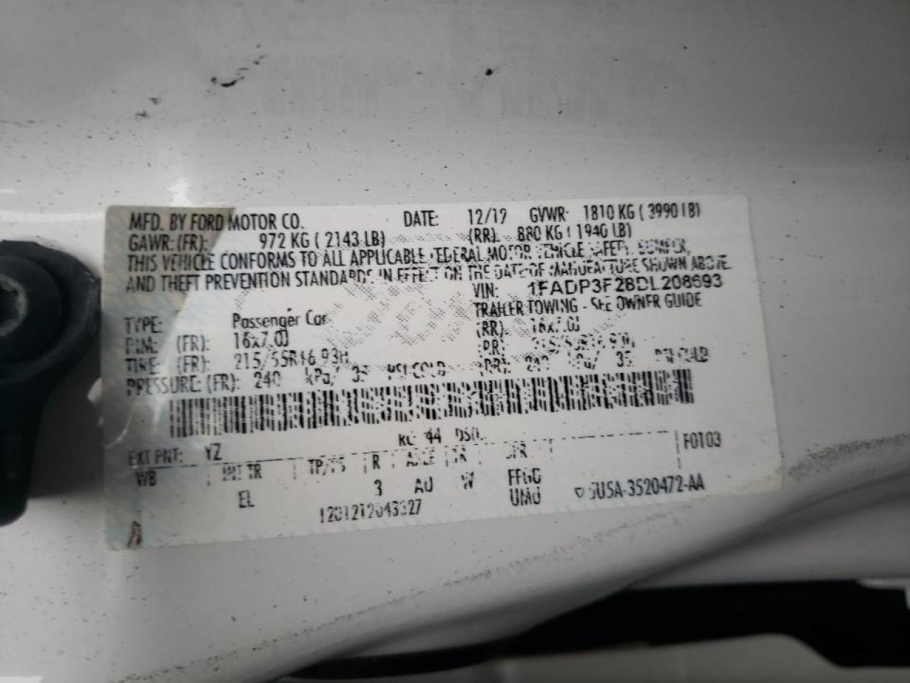 Photo 10 from auction – 2013 FORD FOCUS SE with VIN 1FADP3F28DL208693