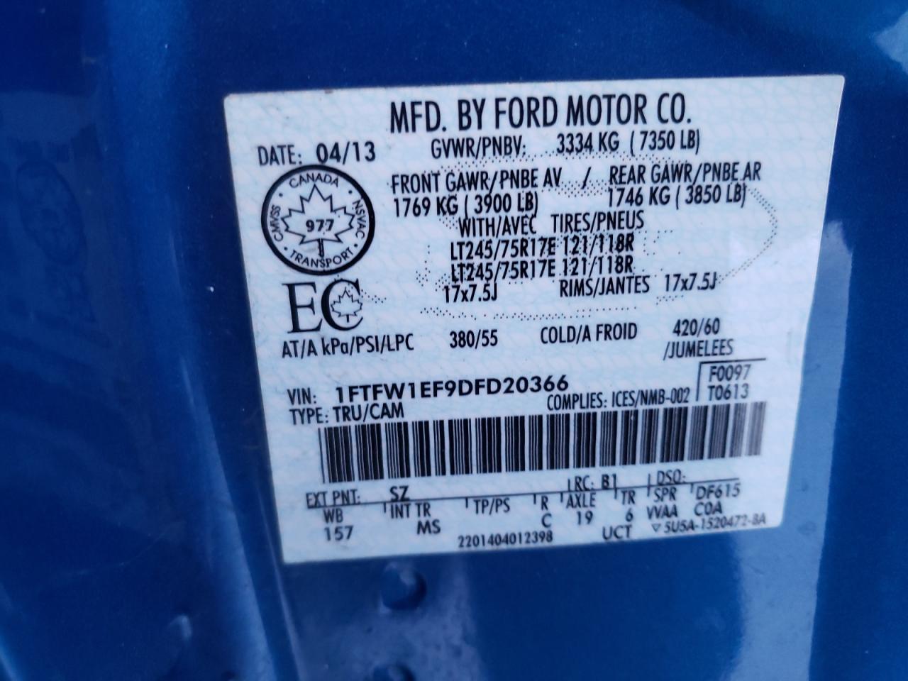 Photo 10 from auction – 2013 FORD F150 SUPER with VIN 1FTFW1EF9DFD20366