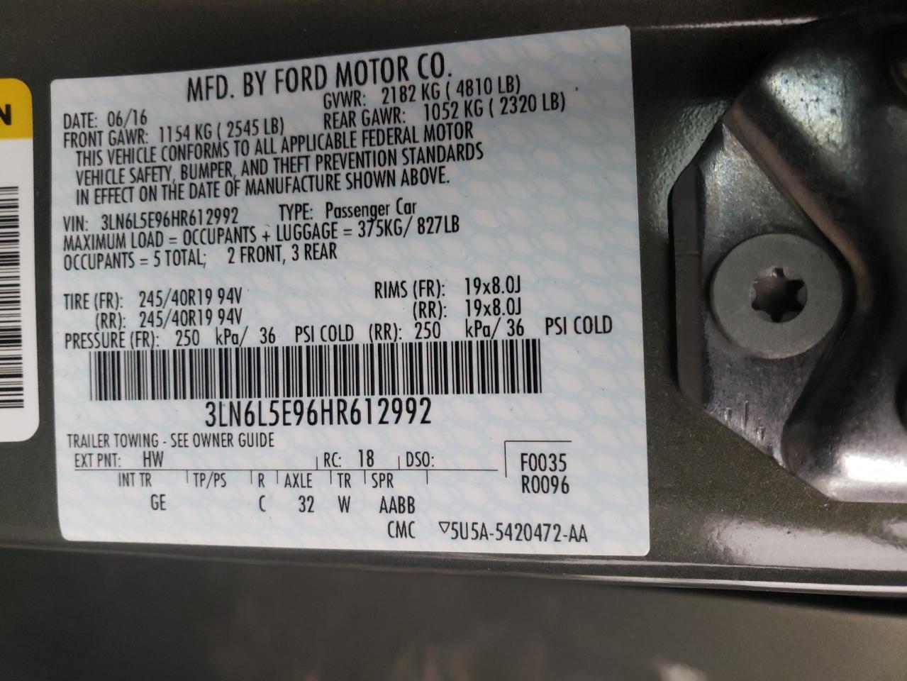 Photo 10 from auction – 2017 LINCOLN MKZ RESERV with VIN 3LN6L5E96HR612992