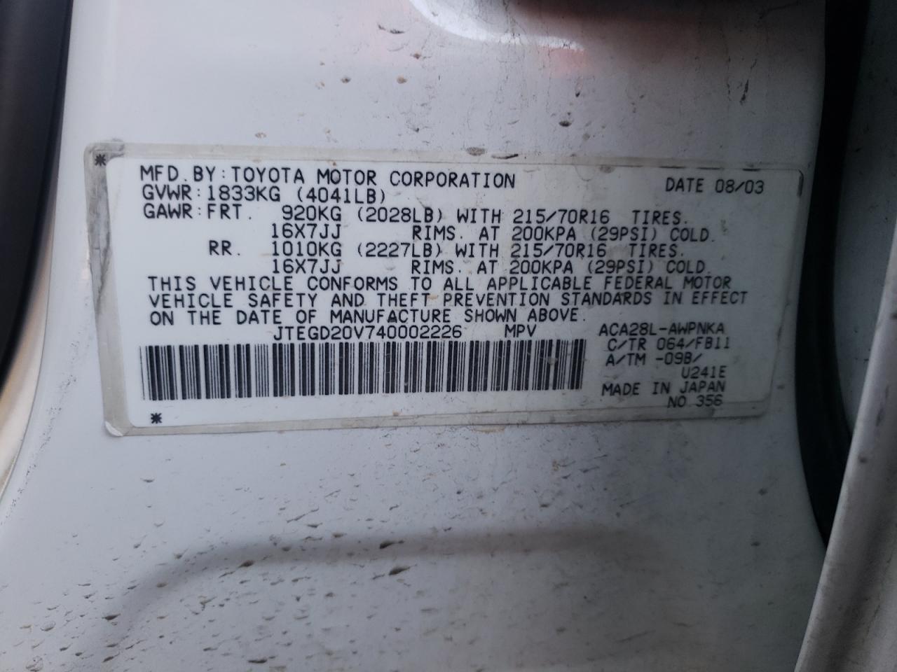Photo 10 from auction – 2004 TOYOTA RAV4 with VIN JTEGD20V740002226