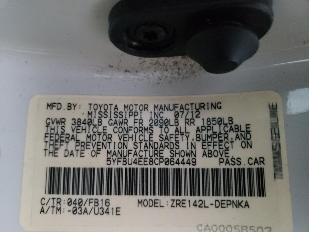 Photo 10 from auction – 2012 TOYOTA COROLLA BA with VIN 5YFBU4EE8CP064449