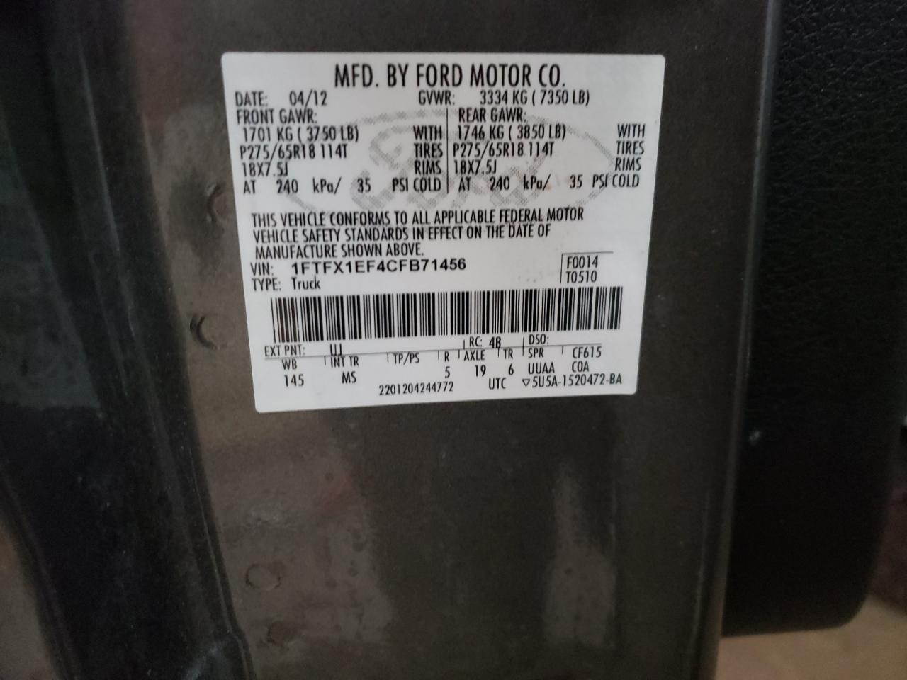 Photo 10 from auction – 2012 FORD F150 SUPER with VIN 1FTFX1EF4CFB71456