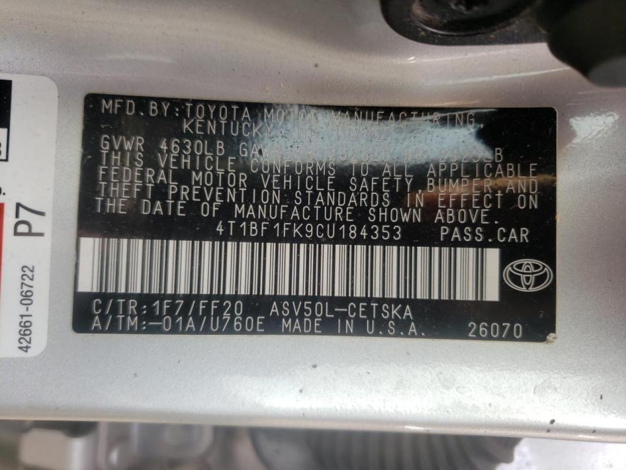 Photo 10 from auction – 2012 TOYOTA CAMRY BASE with VIN 4T1BF1FK9CU184353