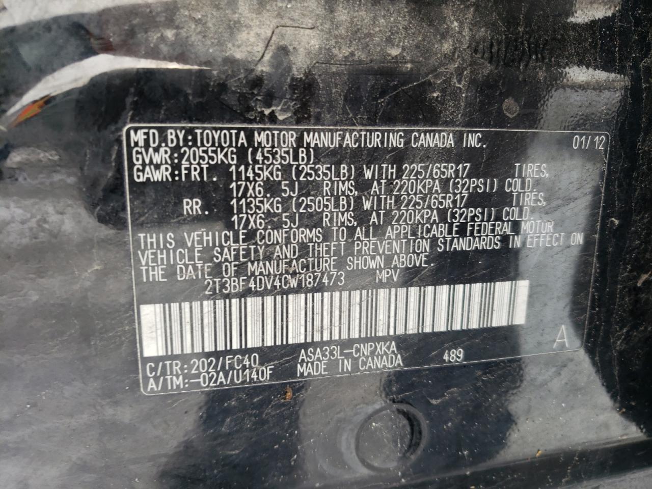Photo 10 from auction – 2012 TOYOTA RAV4 with VIN 2T3BF4DV4CW187473