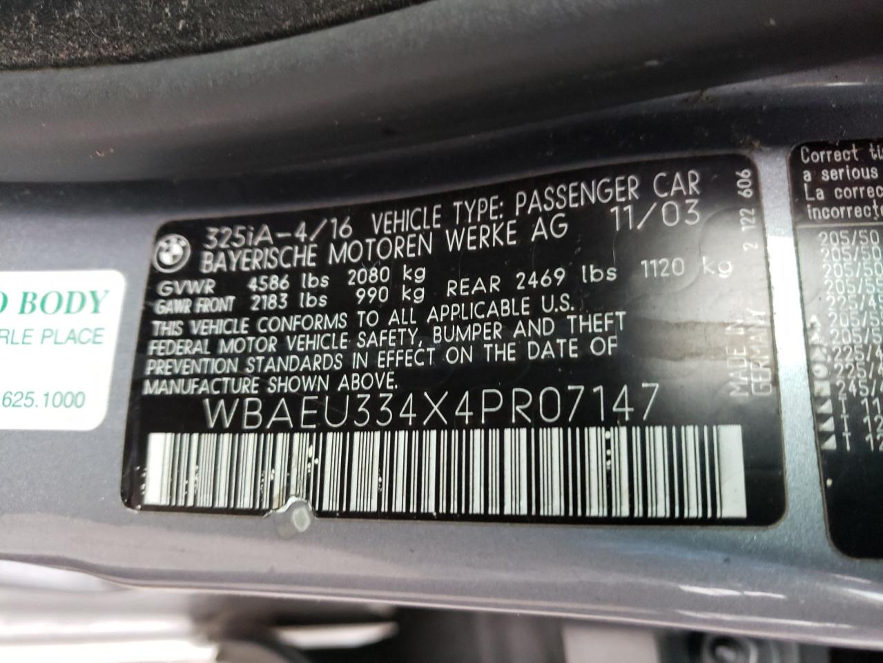 Photo 10 from auction – 2004 BMW 325 XI with VIN WBAEU334X4PR07147