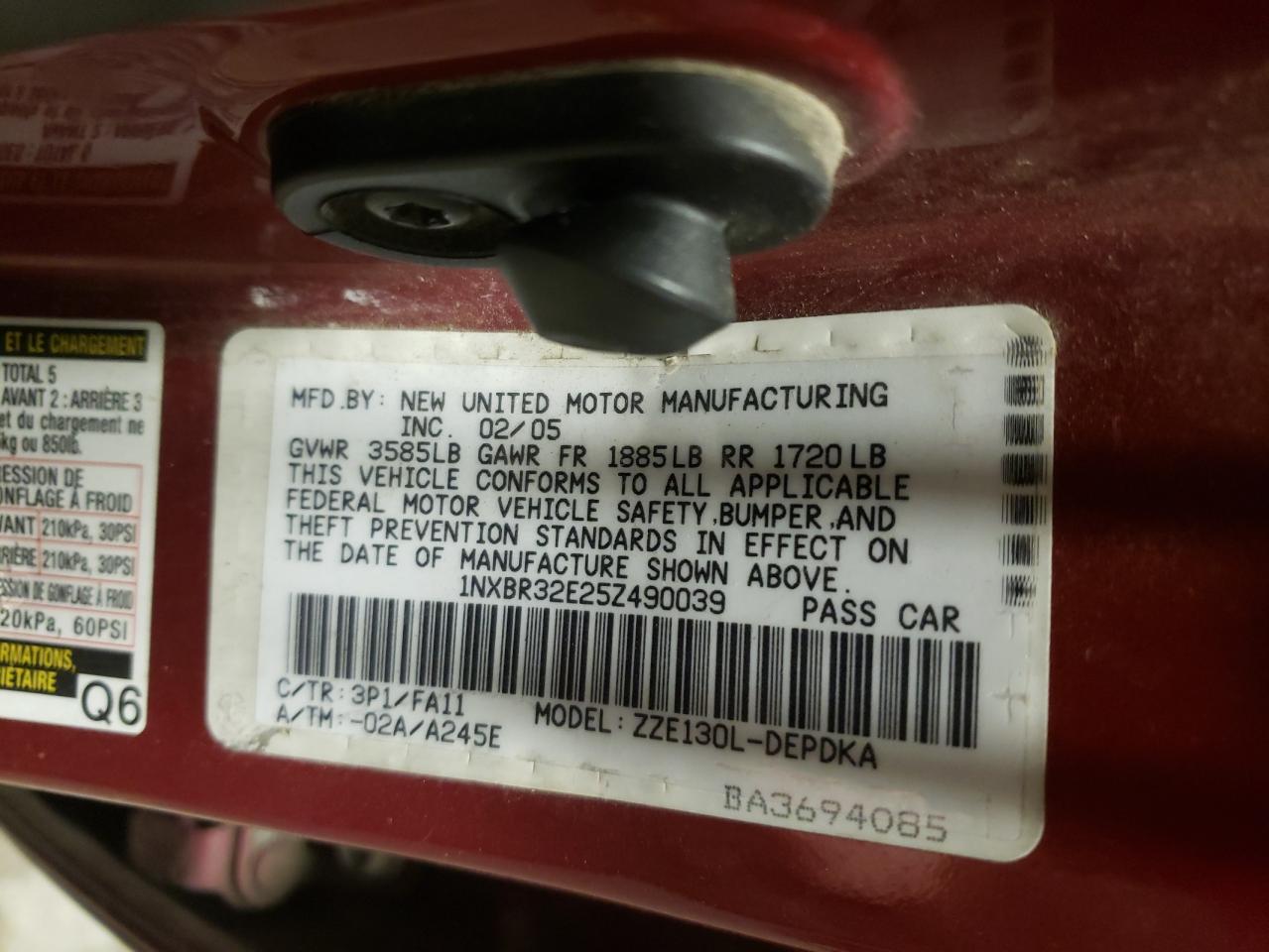 Photo 10 from auction – 2005 TOYOTA UK with VIN 1NXBR32E25Z490039