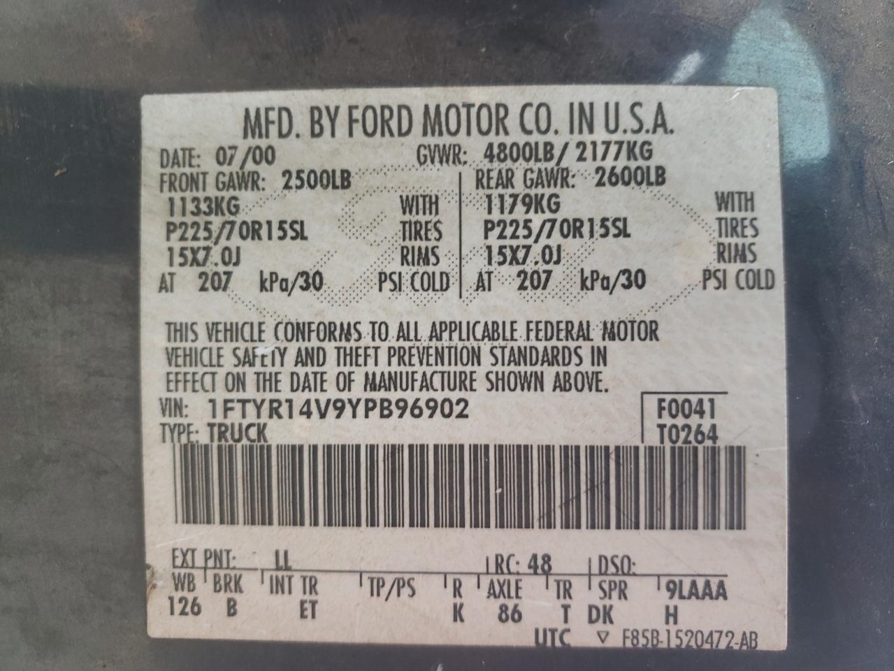 Photo 10 from auction – 2000 FORD RANGER SUP with VIN 1FTYR14V9YPB96902