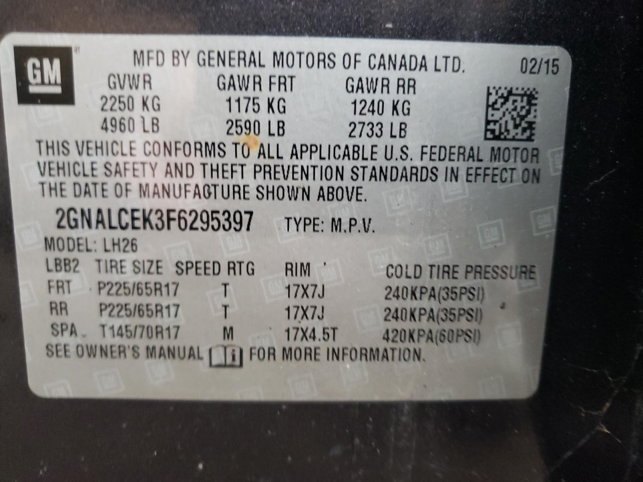 Photo 10 from auction – 2015 CHEVROLET EQUINOX LT with VIN 2GNALCEK3F6295397