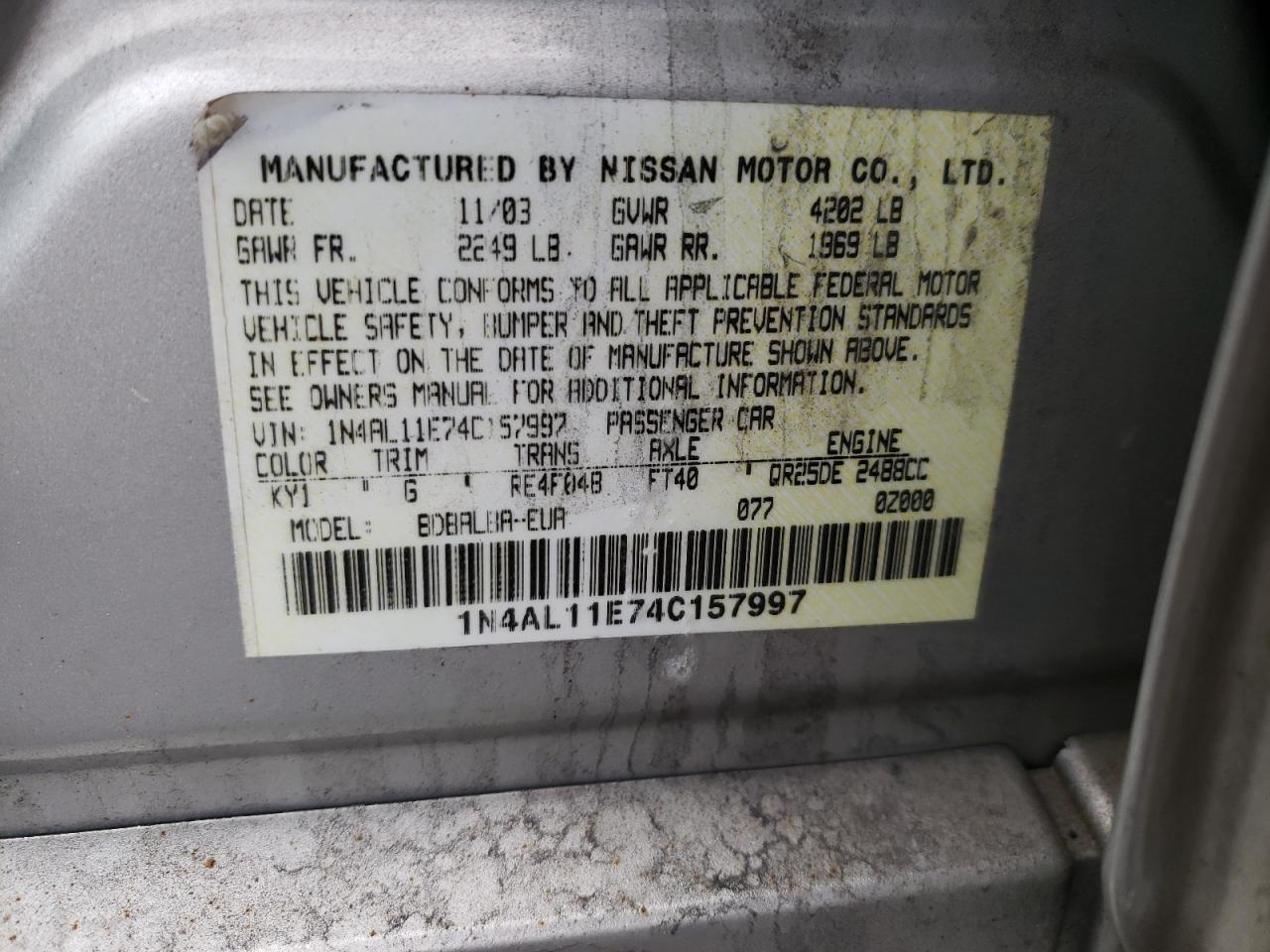 Photo 10 from auction – 2004 NISSAN ALTIMA BAS with VIN 1N4AL11E74C157997