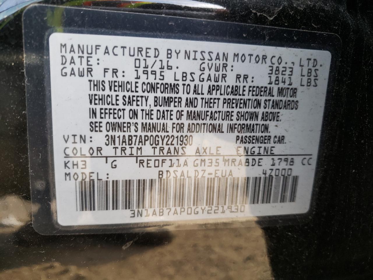 Photo 10 from auction – 2016 NISSAN SENTRA S with VIN 3N1AB7AP0GY221930