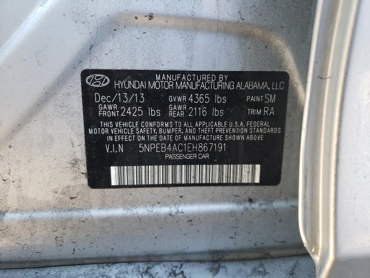 Photo 10 from auction – 2014 HYUNDAI SONATA GLS with VIN 5NPEB4AC1EH867191