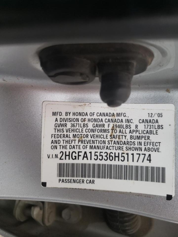 Photo 10 from auction – 2006 HONDA CIVIC LX with VIN 2HGFA15536H511774