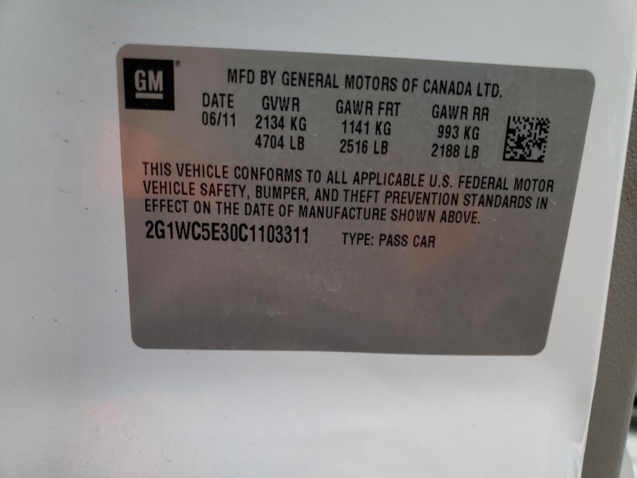 Photo 10 from auction – 2012 CHEVROLET IMPALA LTZ with VIN 2G1WC5E30C1103311