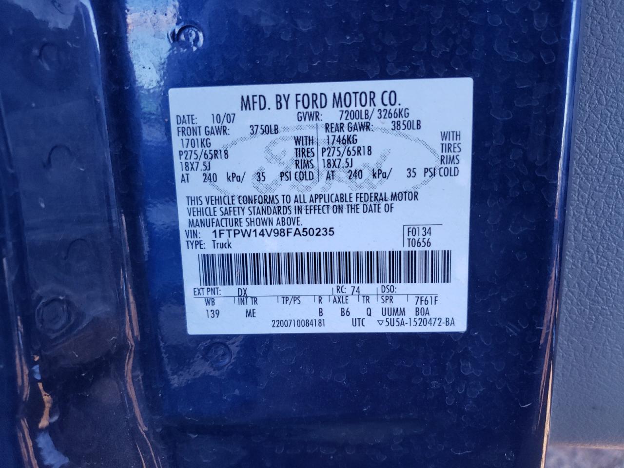 Photo 10 from auction – 2008 FORD F150 SUPER with VIN 1FTPW14V98FA50235