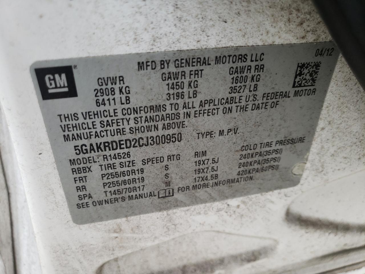 Photo 10 from auction – 2012 BUICK ENCLAVE with VIN 5GAKRDED2CJ300950