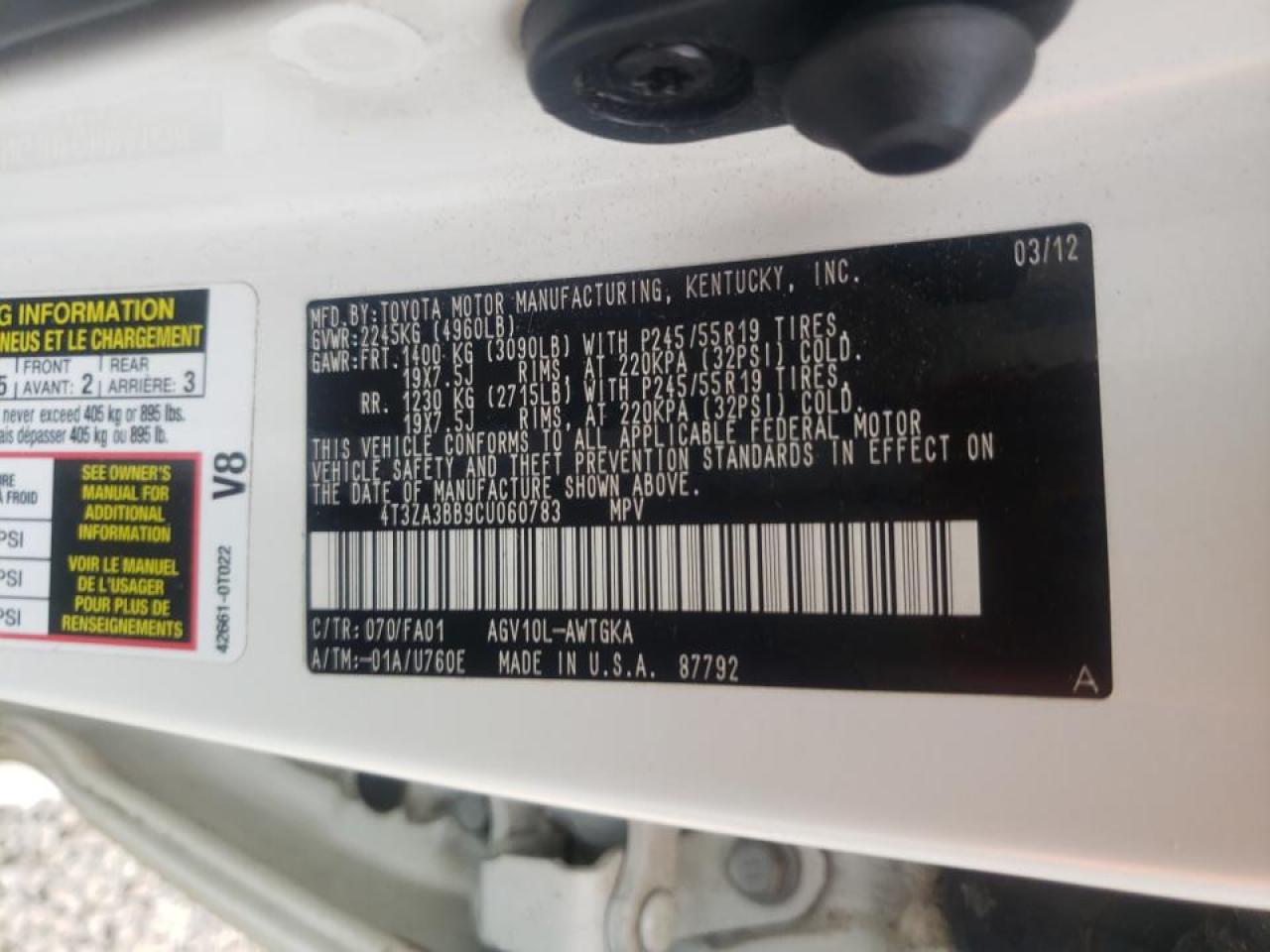 Photo 10 from auction – 2012 TOYOTA VENZA LE with VIN 4T3ZA3BB9CU060783