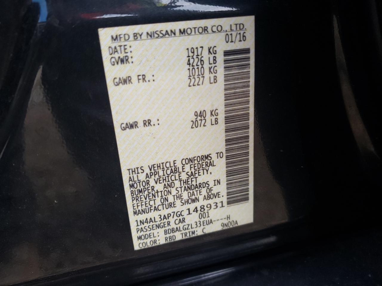 Photo 10 from auction – 2016 NISSAN ALTIMA 2.5 with VIN 1N4AL3AP7GC148931